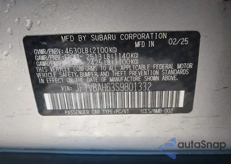 2025 Subaru Wrx Premium z USA, uszkodzony, nr VIN JF1VBAH63S9801332